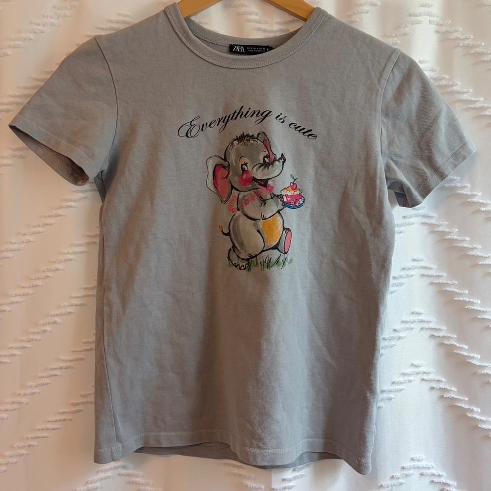 Zara Everything Is Cute Elephant Birthday Cake Graphic Tee Grey Small
